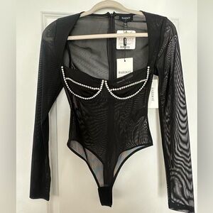 Bardot Black Sheer Bodysuit with Pearl Detail